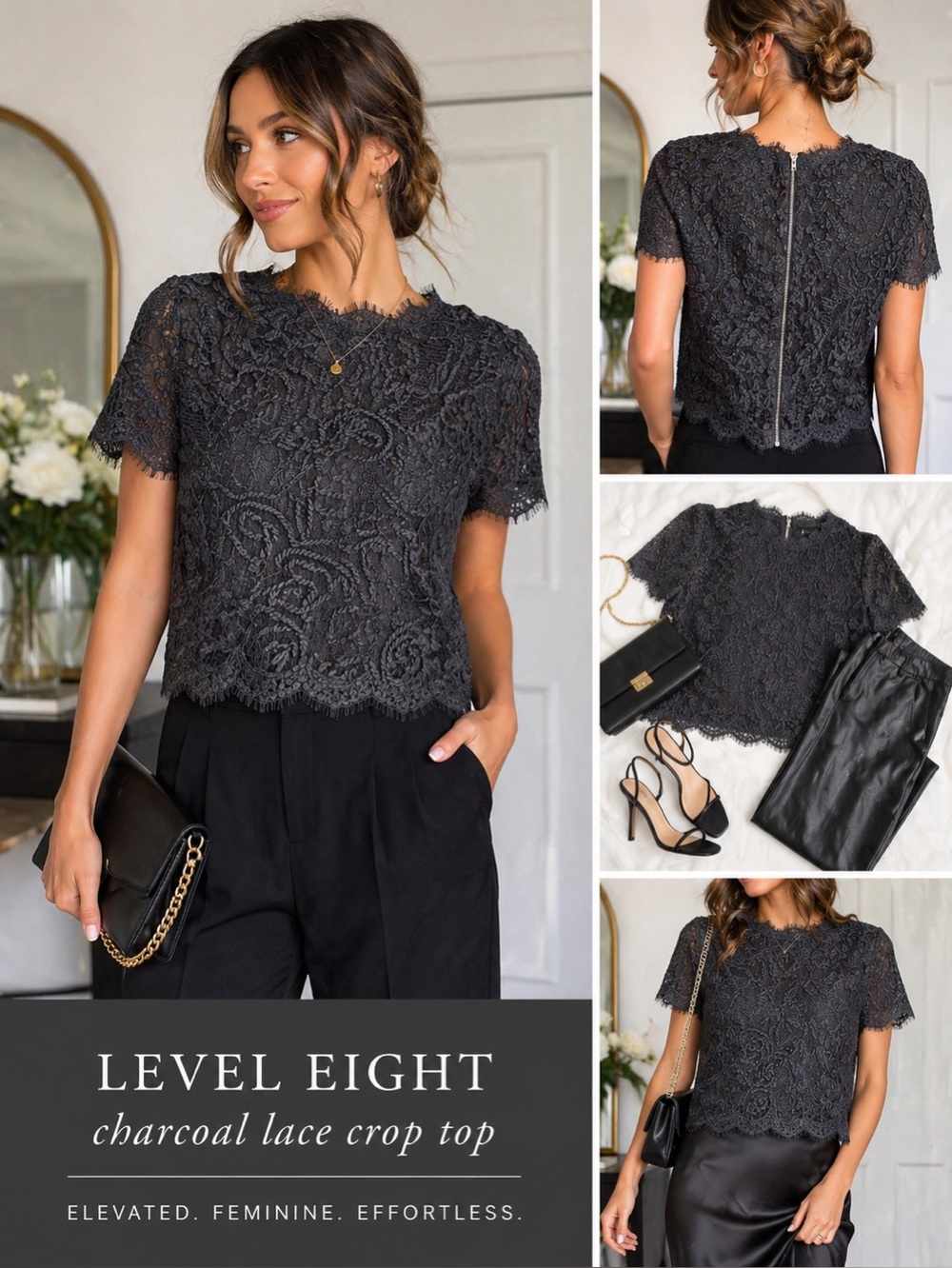 Level Eight Lace Top Women’s Charcoal Embroidered Party Blouse- Chic- Large